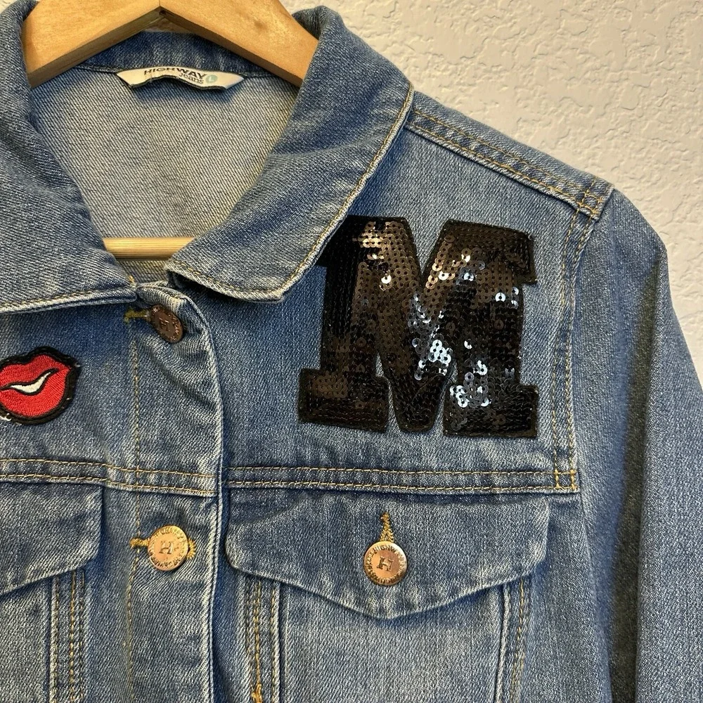 Highway‎ Jeans Womens L Cropped Denim Jacket Patches Sequin M Raw Hem VD7901HJMJ